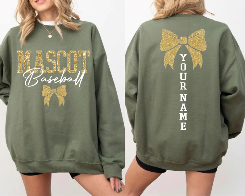 Custom Glitter Mascot Bow Sweatshirt Personalized Name Back Print Cheer Game Day Coquette Crewneck 
