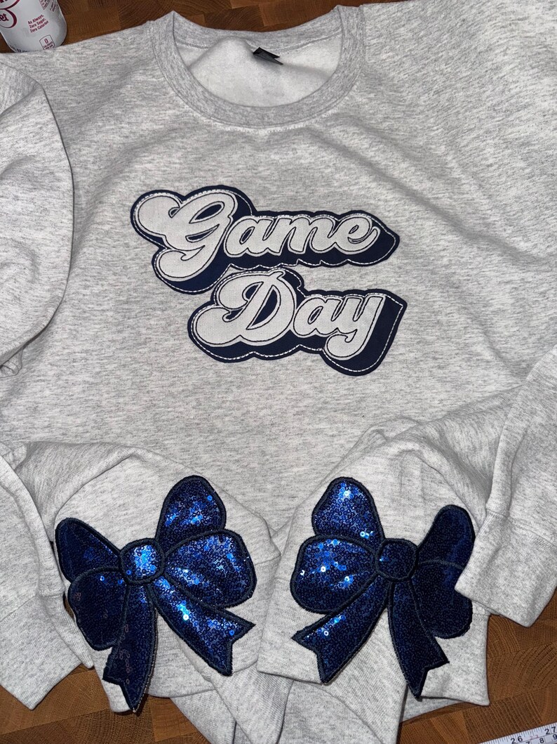 Outline Fabric Applique Game Day Crewneck, Custom Team Color Stitched Patch Stadium Sweatshirt