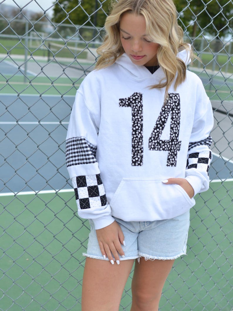 Custom Patchwork Sleeve Player Number Hoodie - Personalized Floral Jersey Number Game Day Sweatshirt
