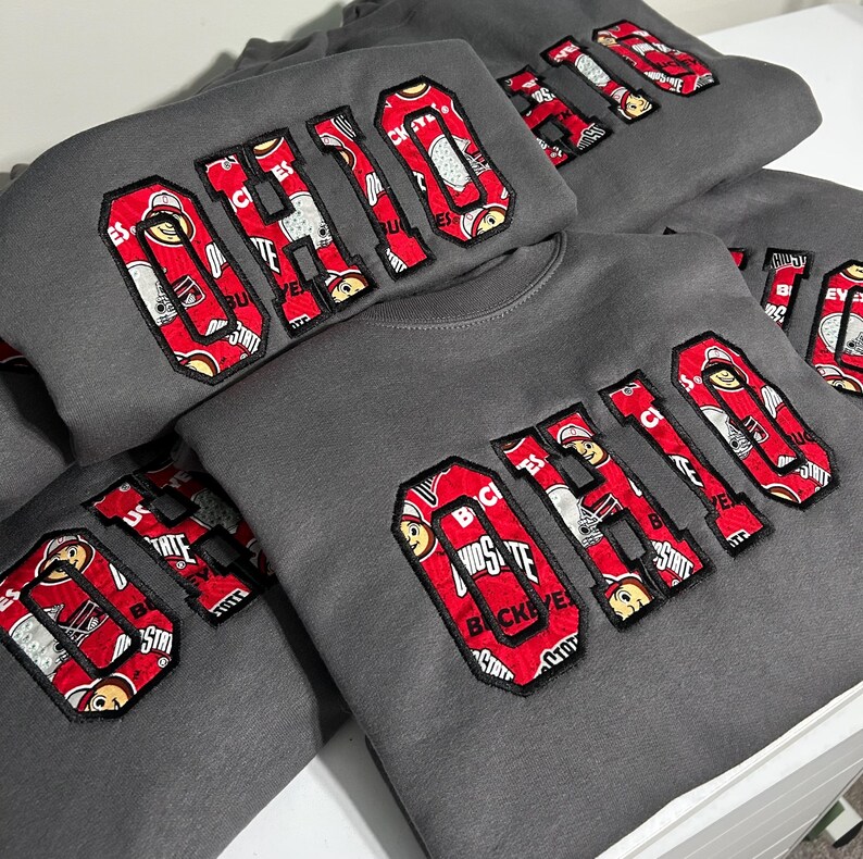Custom Ohio Embroidered Fabric Patchwork College Letter Sweatshirt