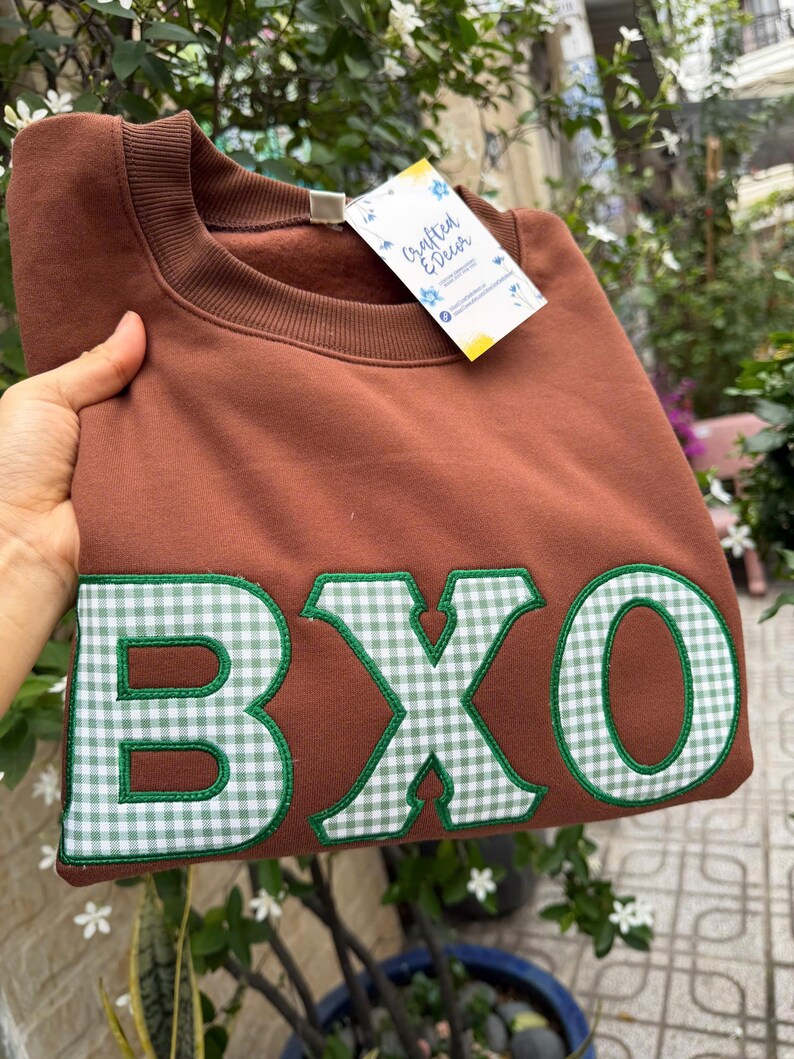 Custom Gingham Applique College Sweatshirt Checkered Preppy Game Day Crewneck
