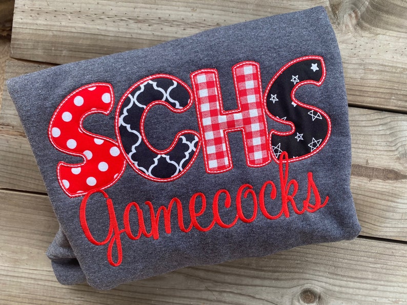 Custom Mixed Pattern Applique Crewneck Sweatshirt, Two-Line Script Mascot Embroidered Game Day Spirit Pullover