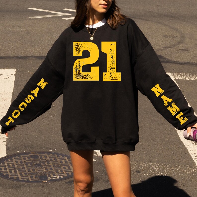 Custom Distressed Jersey Number Sweatshirt Double Sleeve Custom Mascot and Name Game Day Crewneck