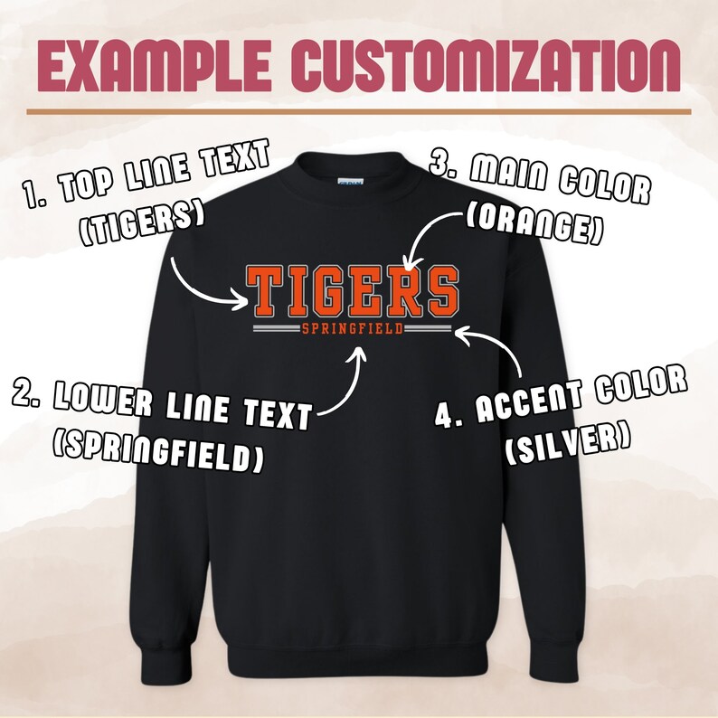 Custom Mascot Sweatshirt Personalized Team Name and City Two Line Graphic Game Day College Crewneck