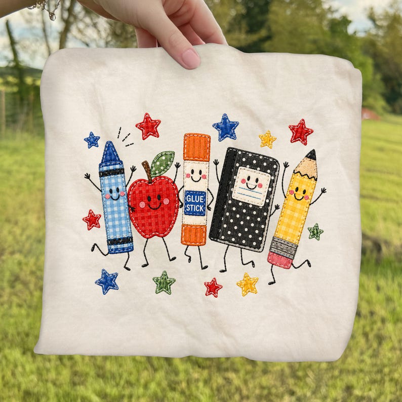 Cute School Supplies Applique Embroidered Shirt Back to School Teacher Crewneck T Shirt