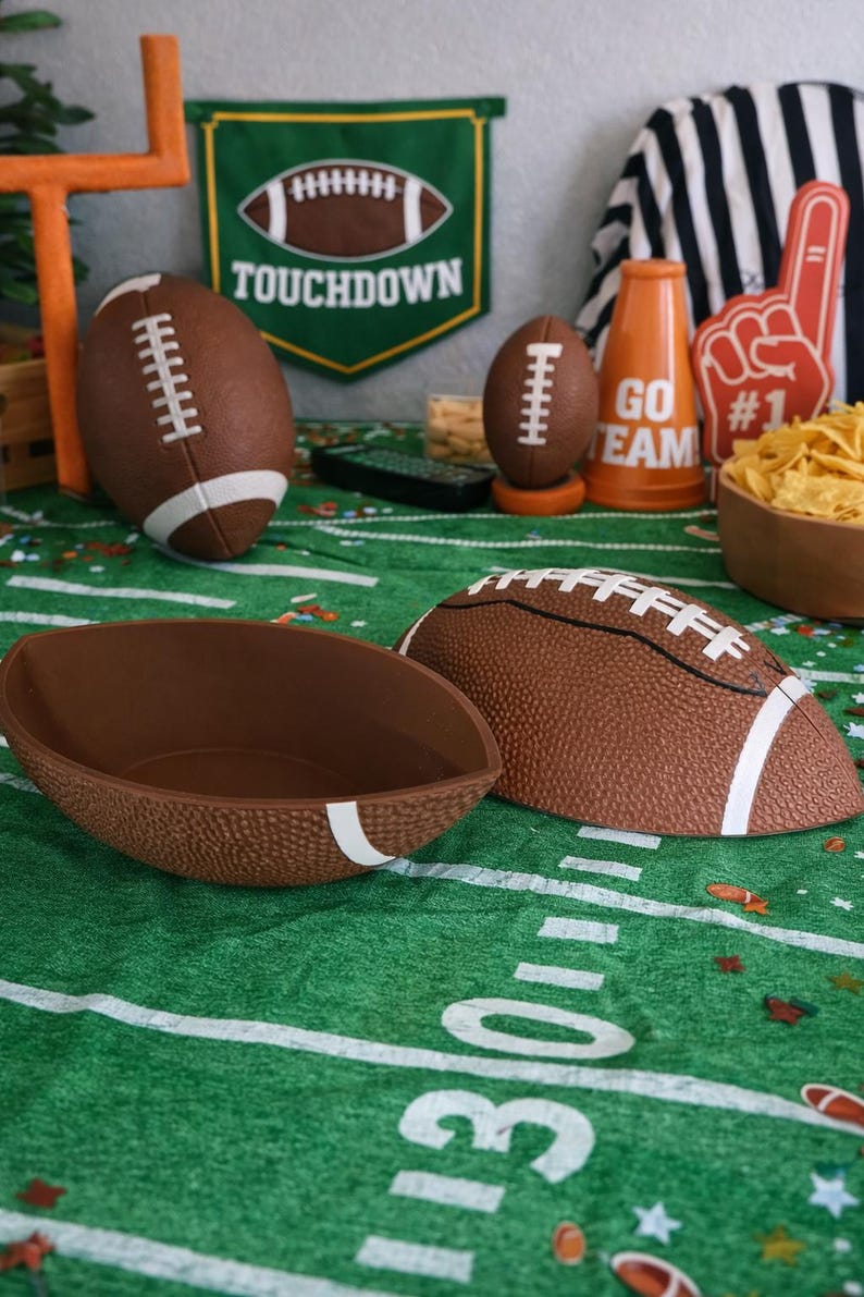 Football Shaped Snack Bowl with Lid Game Day Serving Dish Super Bowl Party Tailgate Candy Chip Holder