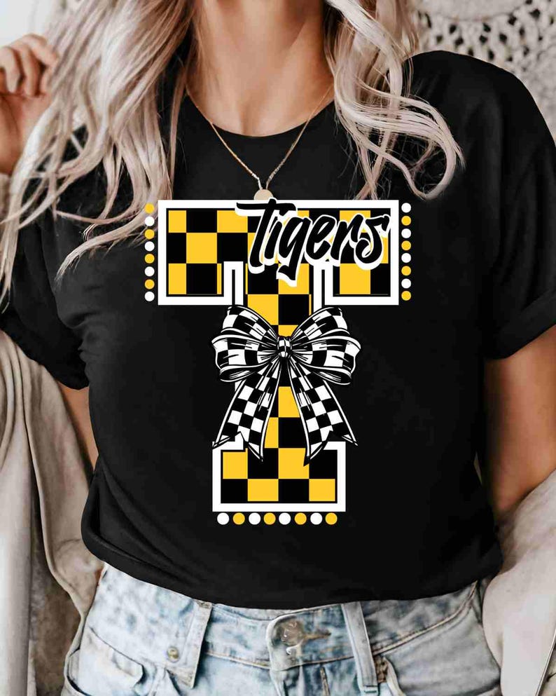 Custom Mascot Monogram Shirt Personalized Checkered Bow Team Color Initial Game Day Top