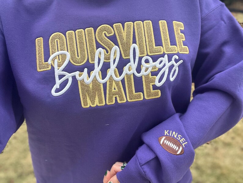 Custom Glitter Applique Sweatshirt Embroidered Cursive Mascot Name Game Day Sleeve Detail Apparel