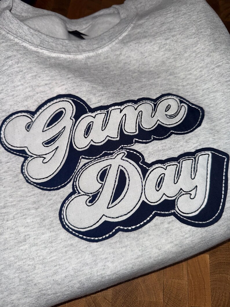 Outline Fabric Applique Game Day Crewneck, Custom Team Color Stitched Patch Stadium Sweatshirt