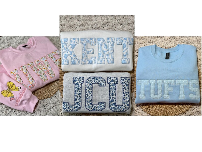 Custom Stitched Applique Letter Sweatshirt Floral Fabric Patchwork College Crewneck