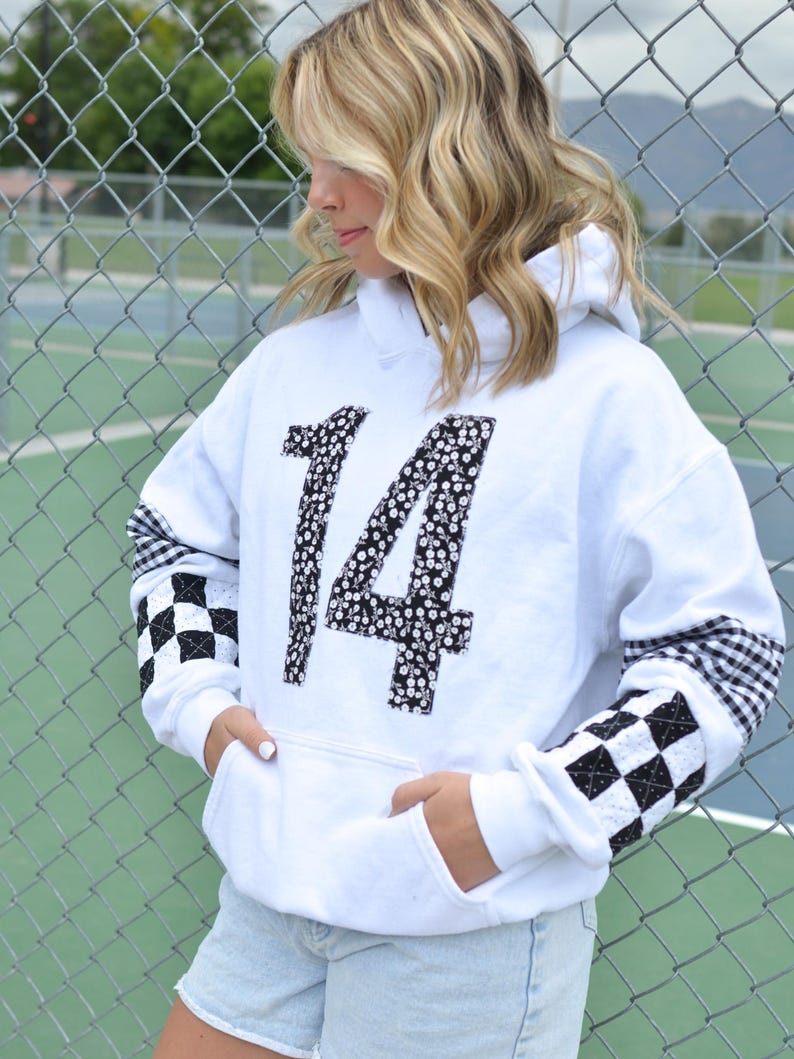 Custom Patchwork Sleeve Player Number Hoodie - Personalized Floral Jersey Number Game Day Sweatshirt