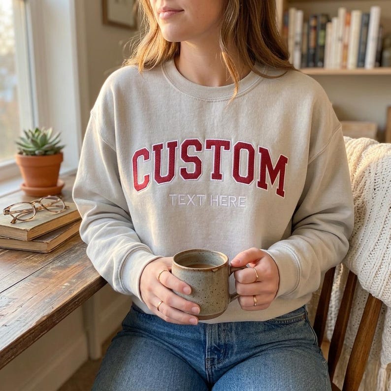 Double Line Custom Varsity Embroidery Crewneck, Personalized Name Logo Game Day Spirit Sweatshirt