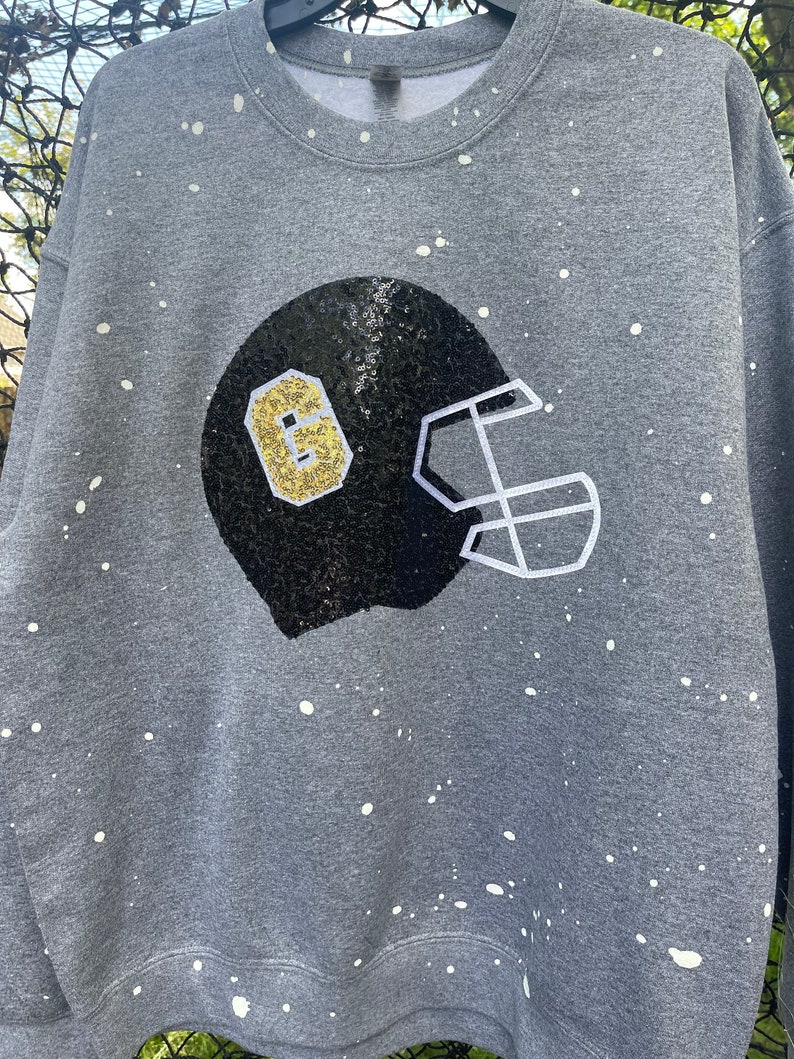 Custom Sequin Football Helmet Bleached Sweatshirt Sparkling Game Day Apparel