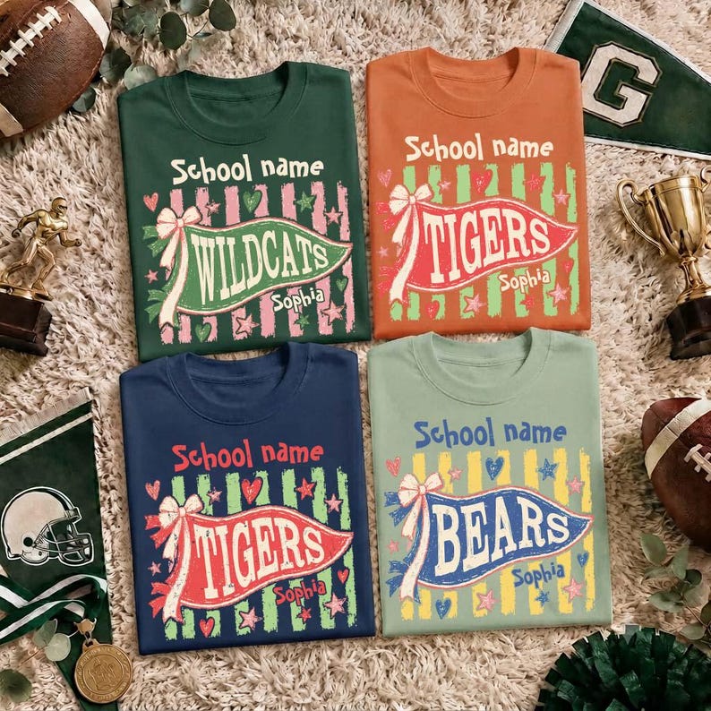 Custom School Mascot Pennant Flag Sweatshirt Vintage Coquette Bow Game Day Custom Name Crewneck