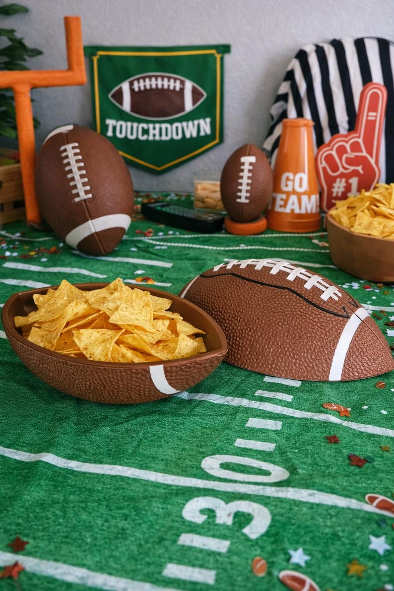 Football Shaped Snack Bowl with Lid Game Day Serving Dish Super Bowl Party Tailgate Candy Chip Holder