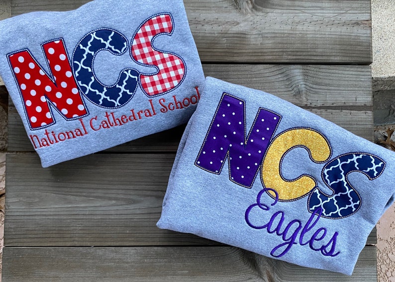 Custom Mixed Pattern Applique Crewneck Sweatshirt, Two-Line Script Mascot Embroidered Game Day Spirit Pullover