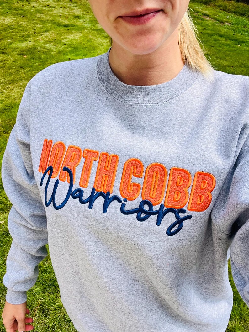Custom Glitter Applique Sweatshirt Embroidered Cursive Mascot Name Game Day Sleeve Detail Apparel