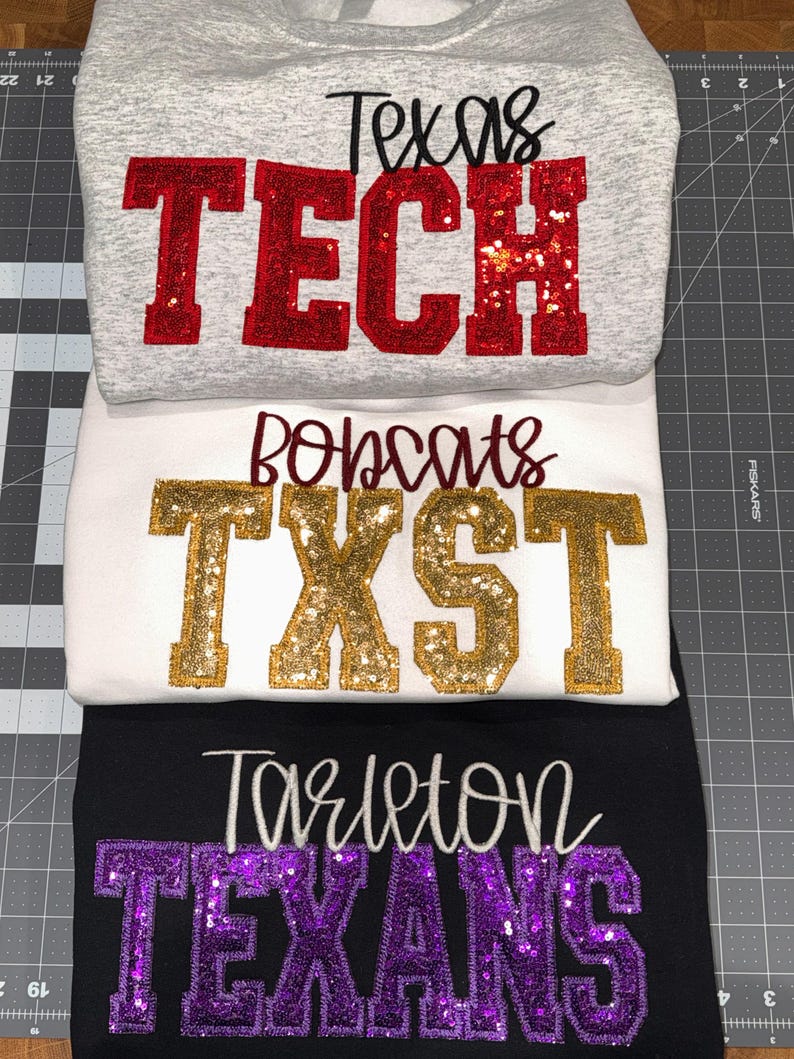 Custom Sequin TECH Letter Sweatshirt Personalized Embroidered Mascot School Spirit Apparel