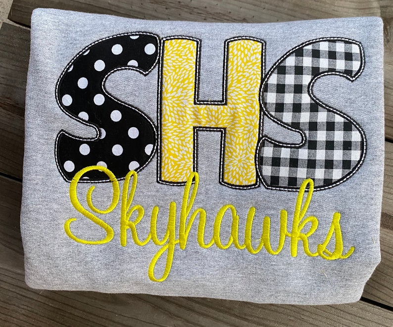 Custom Mixed Pattern Applique Crewneck Sweatshirt, Two-Line Script Mascot Embroidered Game Day Spirit Pullover