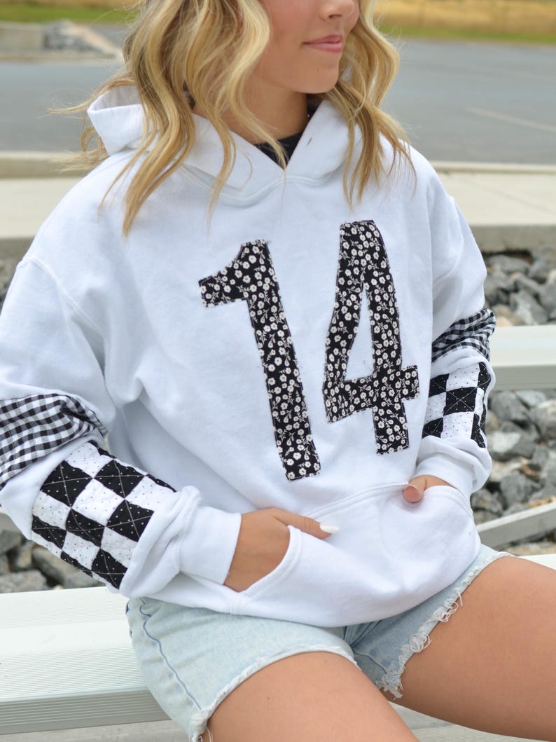 Custom Patchwork Sleeve Player Number Hoodie - Personalized Floral Jersey Number Game Day Sweatshirt
