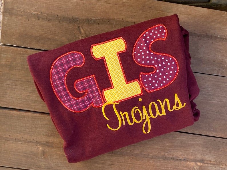 Custom Mixed Pattern Applique Crewneck Sweatshirt, Two-Line Script Mascot Embroidered Game Day Spirit Pullover
