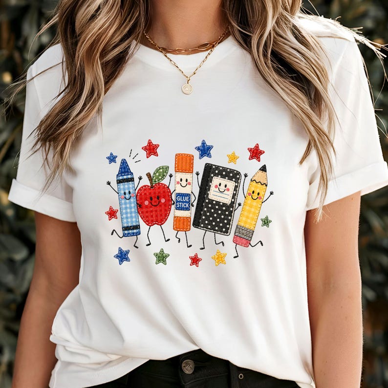 Cute School Supplies Applique Embroidered Shirt Back to School Teacher Crewneck T Shirt