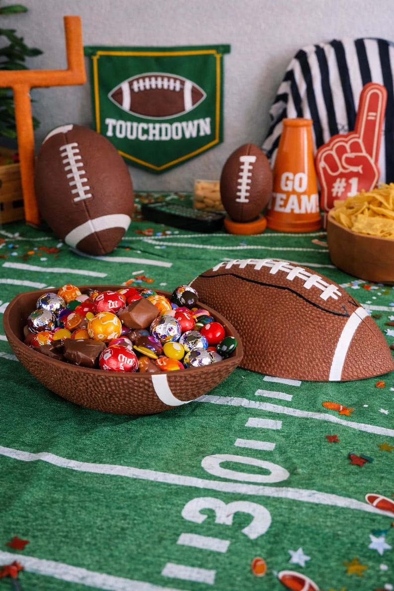 Football Shaped Snack Bowl with Lid Game Day Serving Dish Super Bowl Party Tailgate Candy Chip Holder