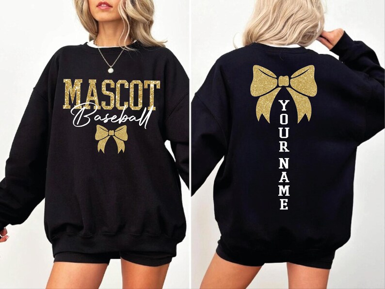 Custom Glitter Mascot Bow Sweatshirt Personalized Name Back Print Cheer Game Day Coquette Crewneck 