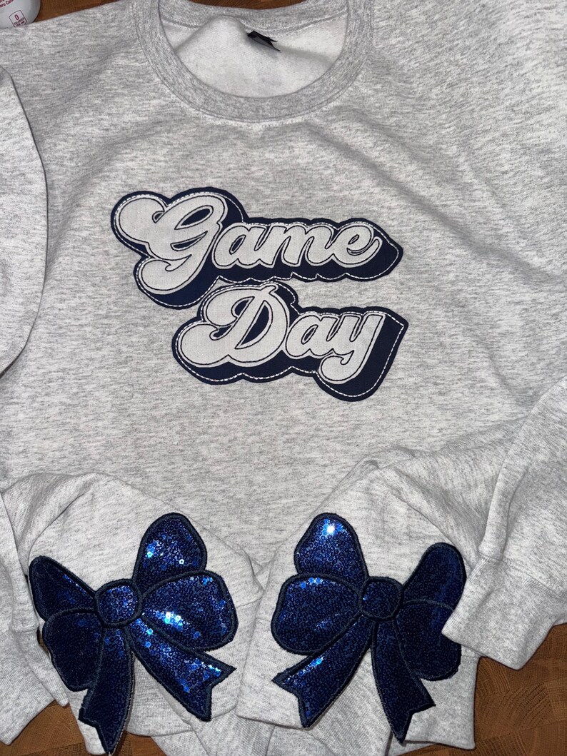 Outline Fabric Applique Game Day Crewneck, Custom Team Color Stitched Patch Stadium Sweatshirt