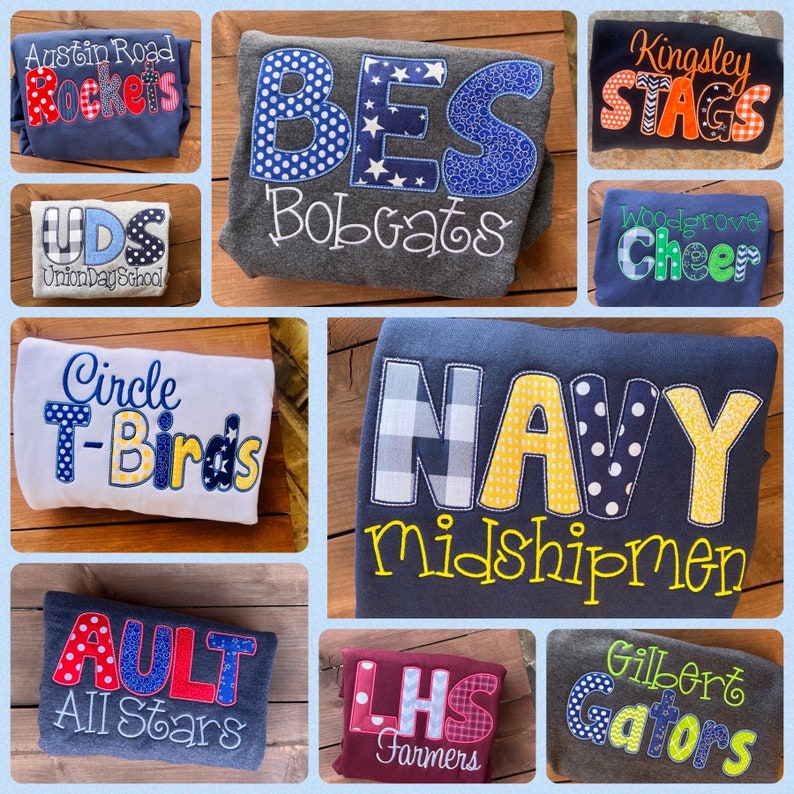 Custom Mixed Pattern Applique Crewneck Sweatshirt, Two-Line Script Mascot Embroidered Game Day Spirit Pullover