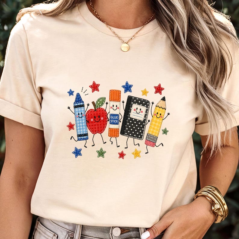 Cute School Supplies Applique Embroidered Shirt Back to School Teacher Crewneck T Shirt