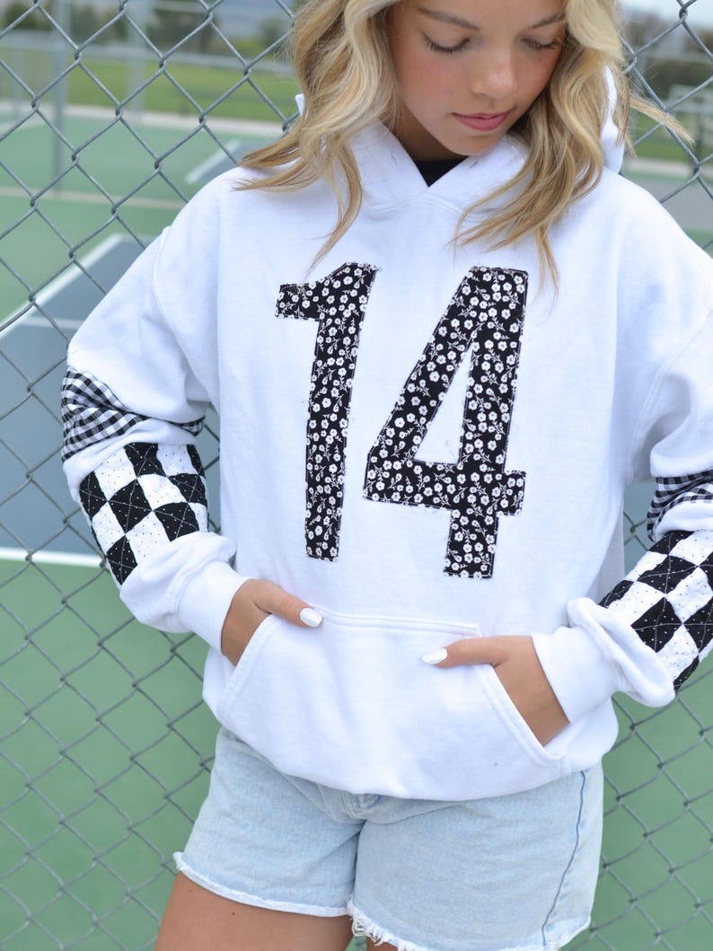 Custom Patchwork Sleeve Player Number Hoodie - Personalized Floral Jersey Number Game Day Sweatshirt