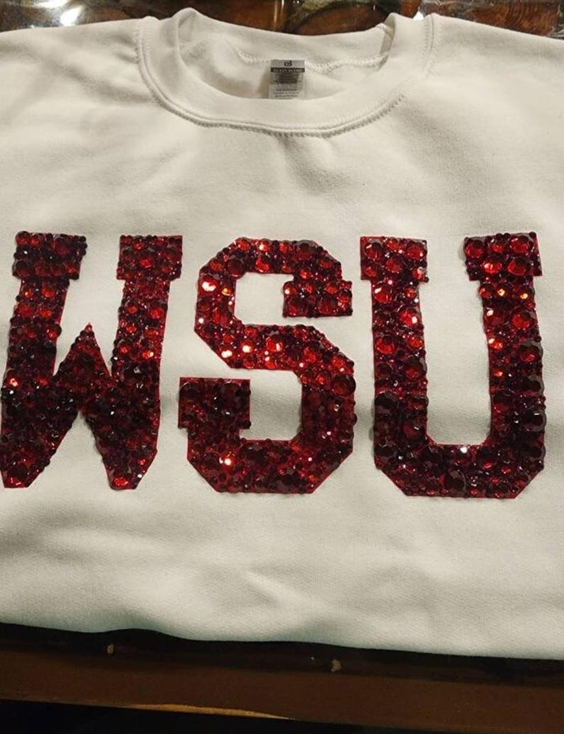 Custom Rhinestone College Sweatshirt Sparkle Crystal Letter University Team Game Day Glam Crewneck