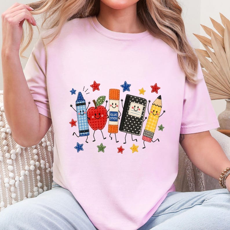 Cute School Supplies Applique Embroidered Shirt Back to School Teacher Crewneck T Shirt