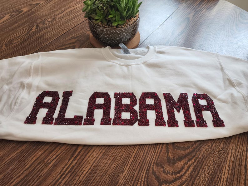 Custom Rhinestone College Sweatshirt Sparkle Crystal Letter University Team Game Day Glam Crewneck