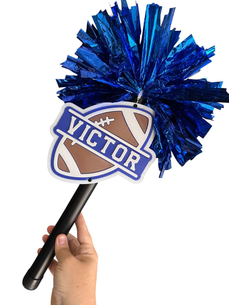 Custom Football Shield Pom Pom Spirit Stick, Personalized Name Cheer Game Day Hand Pom Pom Baton