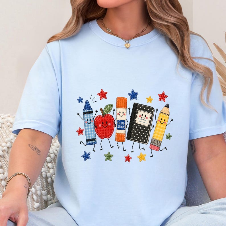 Cute School Supplies Applique Embroidered Shirt Back to School Teacher Crewneck T Shirt