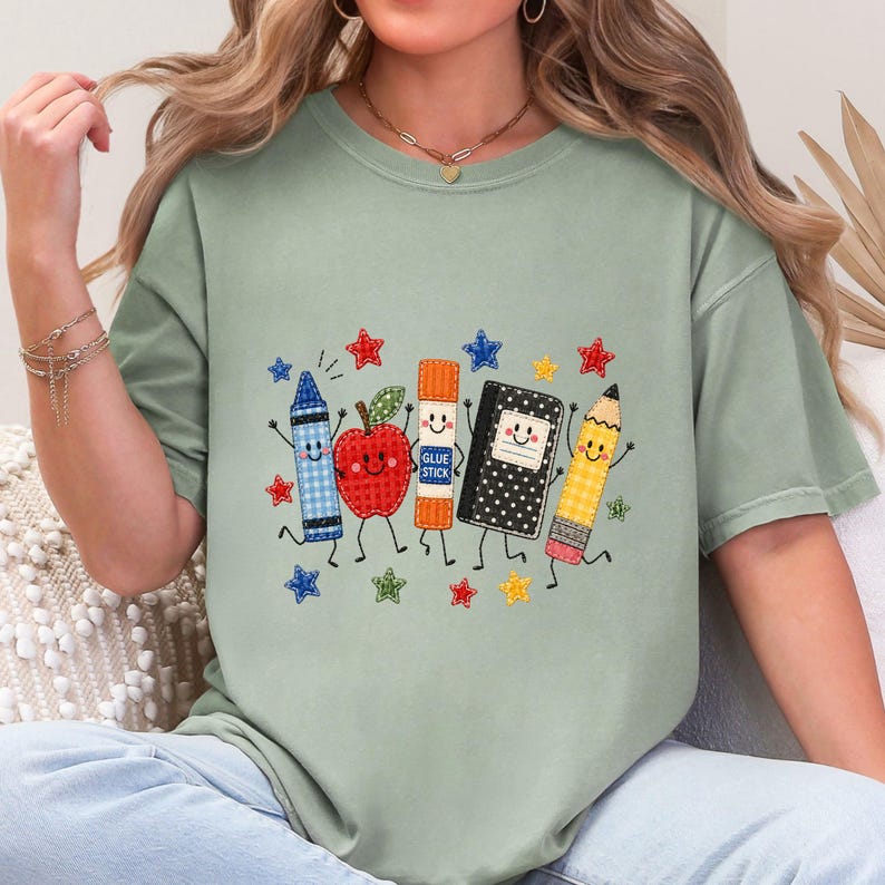 Cute School Supplies Applique Embroidered Shirt Back to School Teacher Crewneck T Shirt