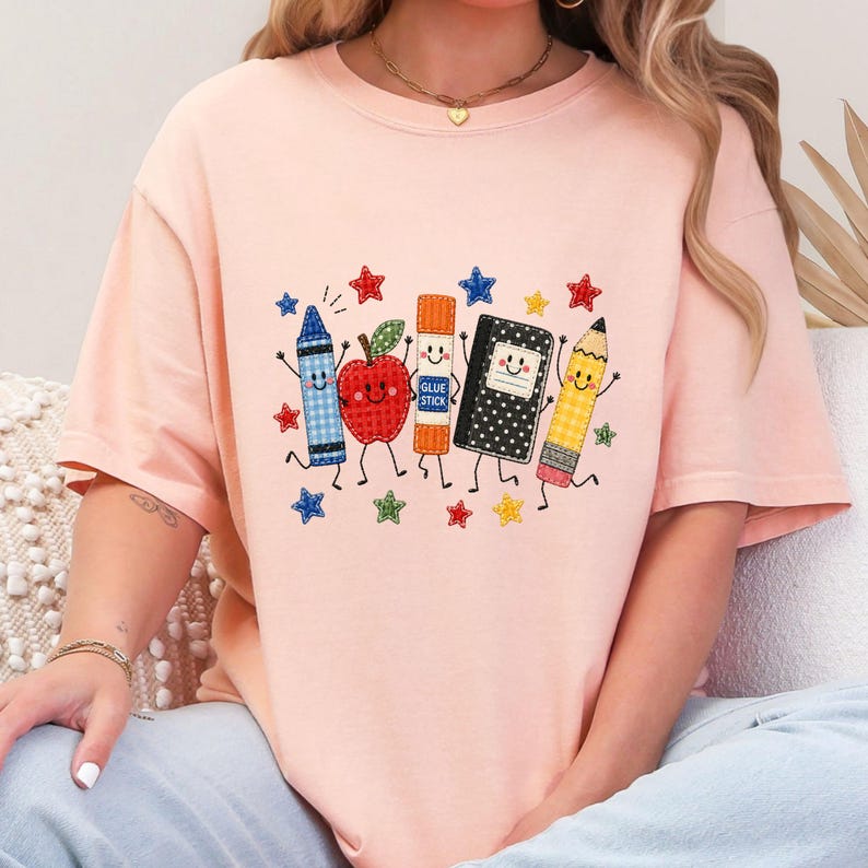 Cute School Supplies Applique Embroidered Shirt Back to School Teacher Crewneck T Shirt