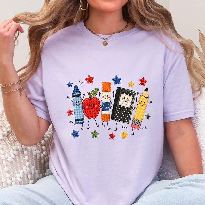 Cute School Supplies Applique Embroidered Shirt Back to School Teacher Crewneck T Shirt