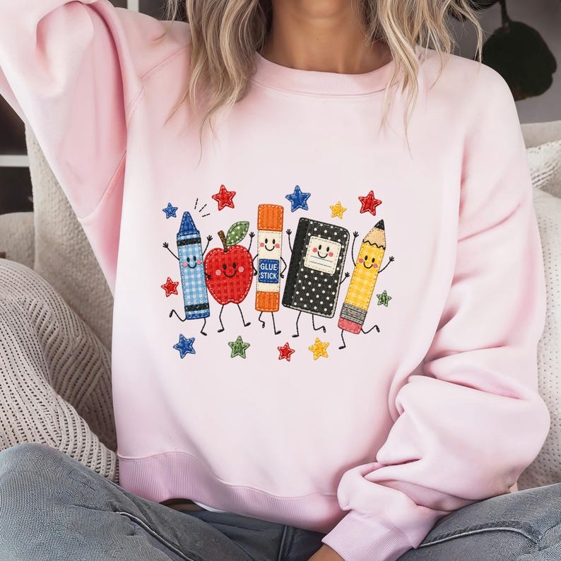 Cute School Supplies Applique Embroidered Shirt Back to School Teacher Crewneck T Shirt