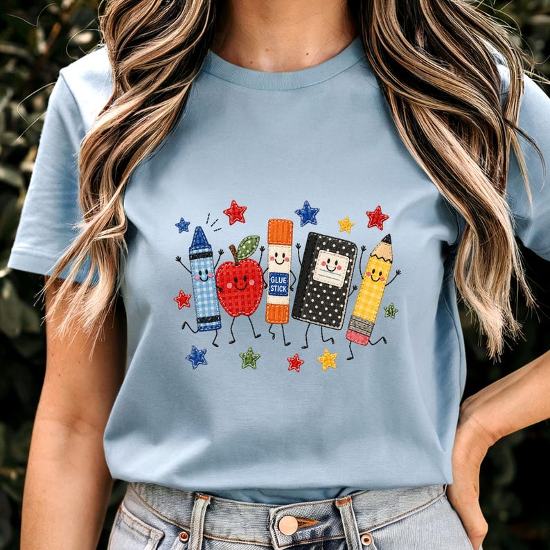 Cute School Supplies Applique Embroidered Shirt Back to School Teacher Crewneck T Shirt