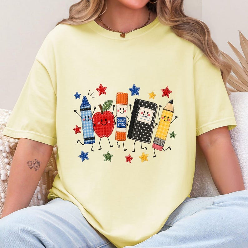 Cute School Supplies Applique Embroidered Shirt Back to School Teacher Crewneck T Shirt