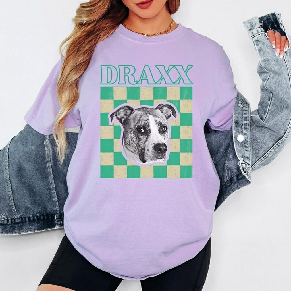 Custom Pet Photo Graphic T-Shirt, Personalized Retro Check Striped Pet Portrait Heat Transfer Tee