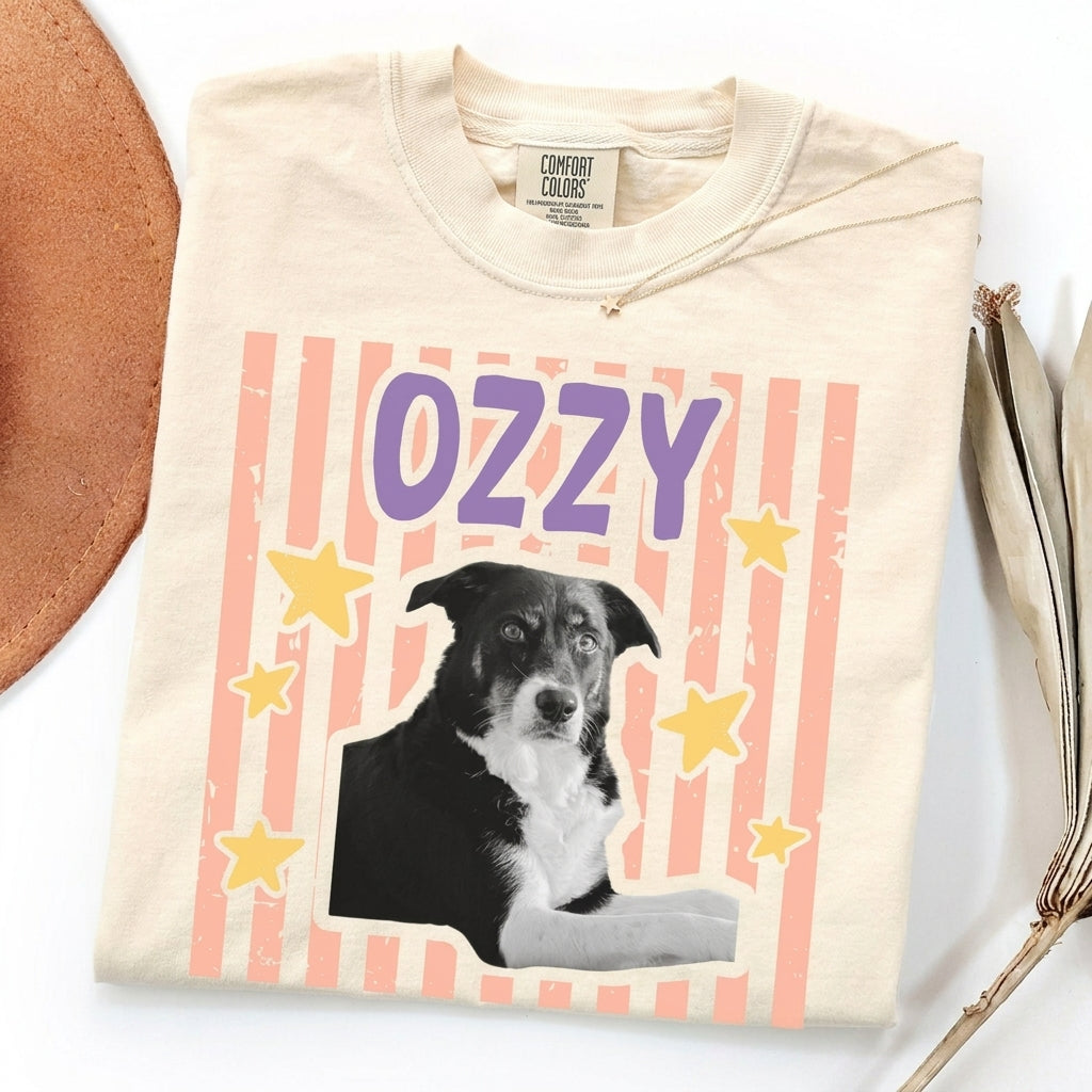 Custom Pet Photo Graphic T-Shirt, Personalized Retro Check Striped Pet Portrait Heat Transfer Tee