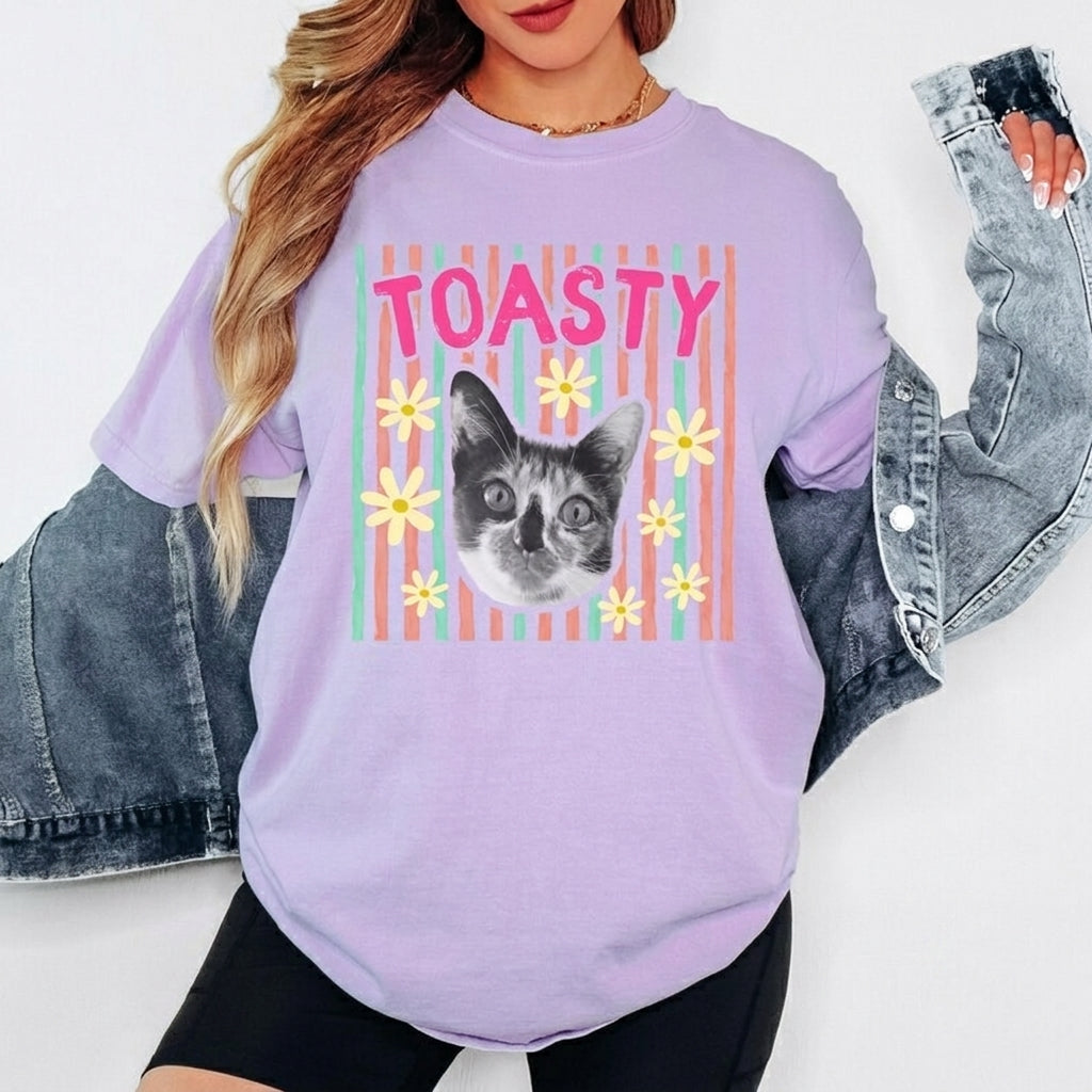 Custom Pet Photo Graphic T-Shirt, Personalized Retro Check Striped Pet Portrait Heat Transfer Tee