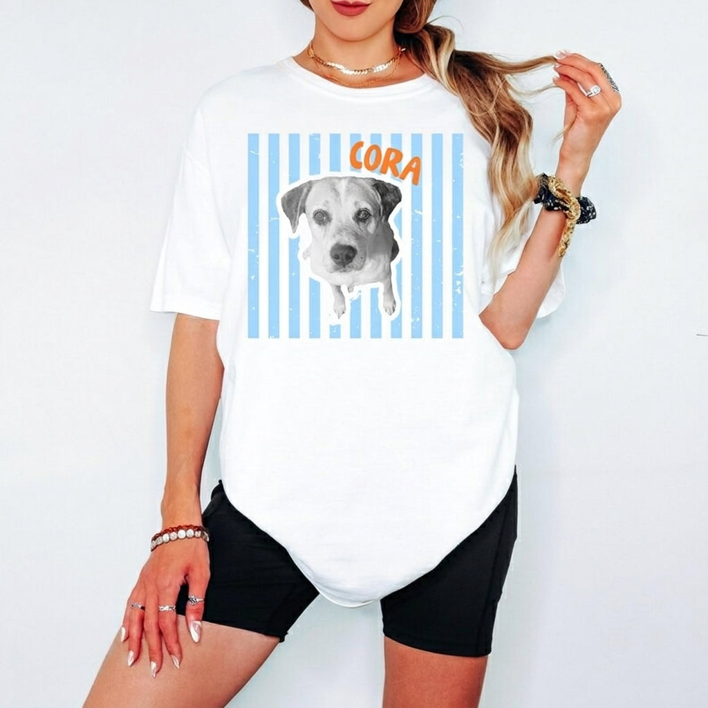 Custom Pet Photo Graphic T-Shirt, Personalized Retro Check Striped Pet Portrait Heat Transfer Tee