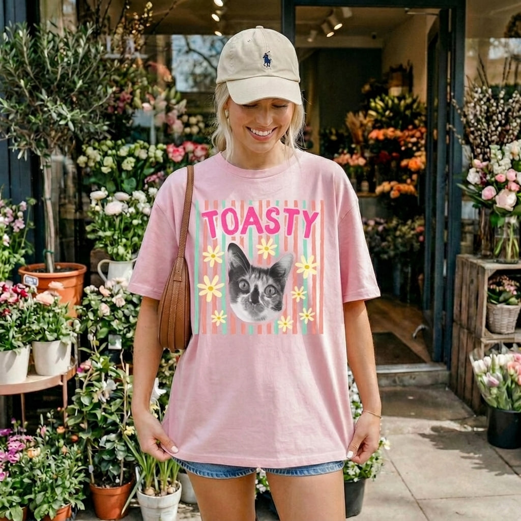 Custom Pet Photo Graphic T-Shirt, Personalized Retro Check Striped Pet Portrait Heat Transfer Tee
