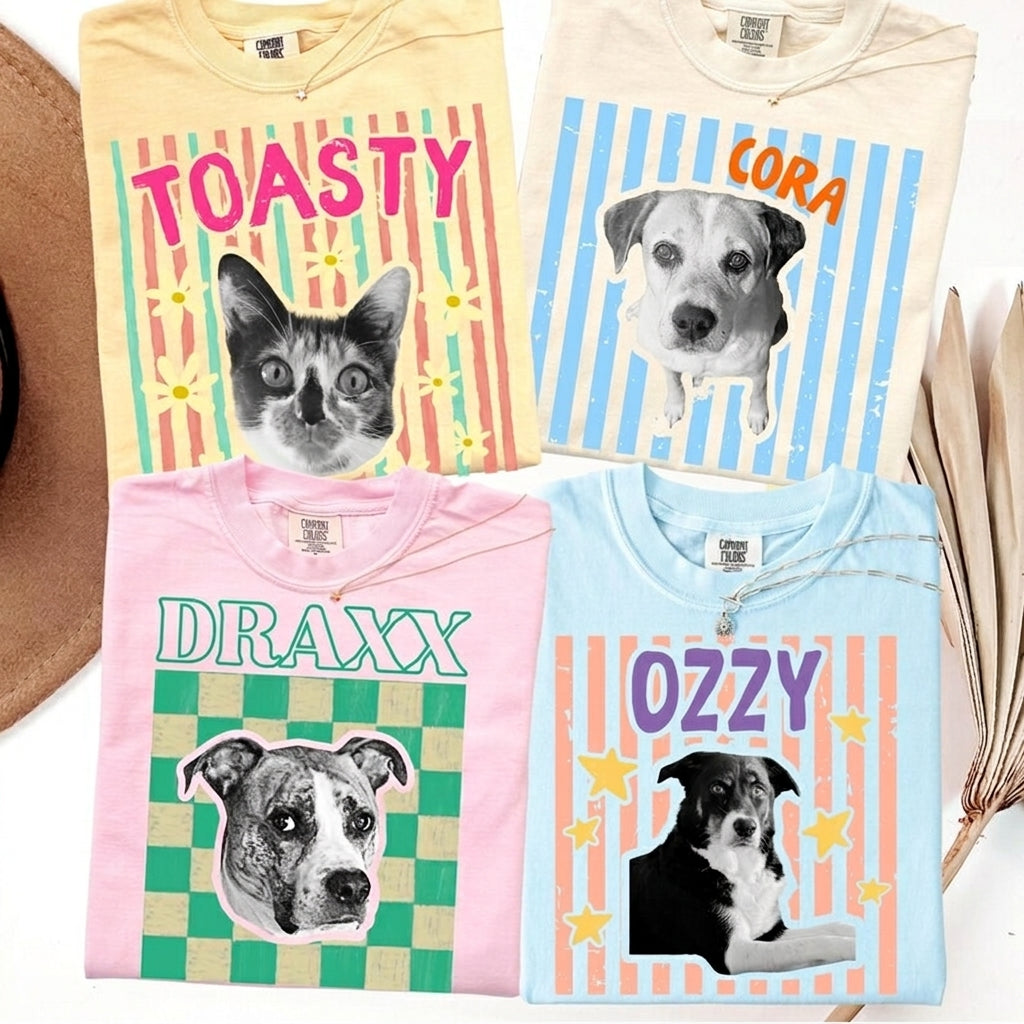 Custom Pet Photo Graphic T-Shirt, Personalized Retro Check Striped Pet Portrait Heat Transfer Tee