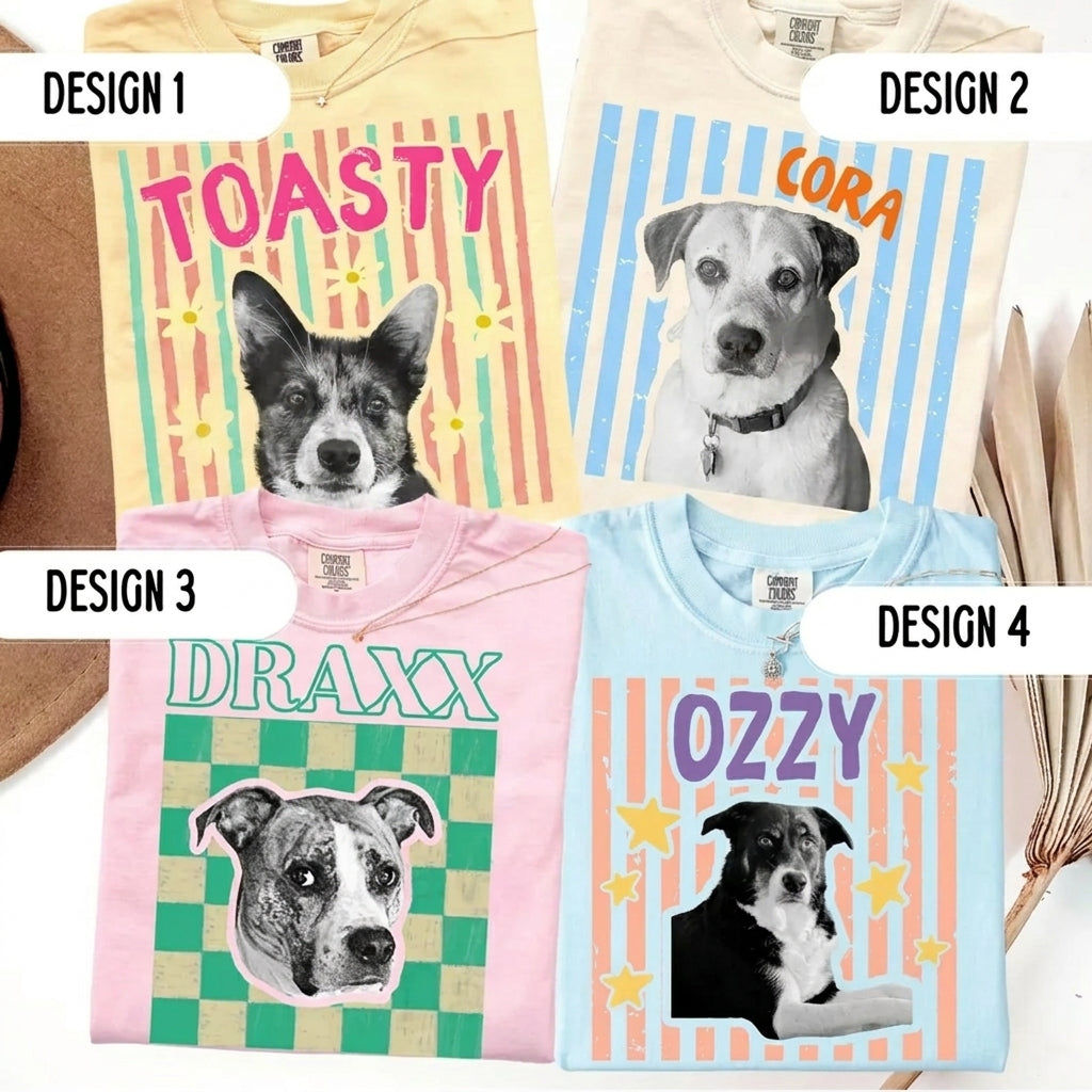 Custom Pet Photo Graphic T-Shirt, Personalized Retro Check Striped Pet Portrait Heat Transfer Tee